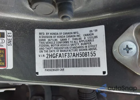 2010 Honda Civic Vp from USA, damaged, VIN 2HGFA1F37AH508155